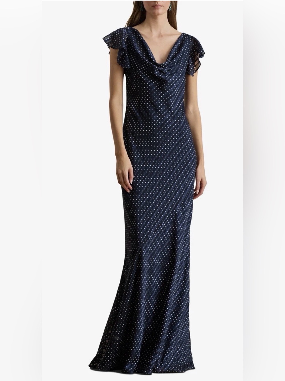 New Lauren Ralph Lauren Lusita Burnout Cowl Neck Gown In Navy Size 10 $325